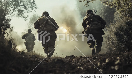 Cinematic of World War II soldiers. Military operation and War Concept. Generative Ai. 126228865