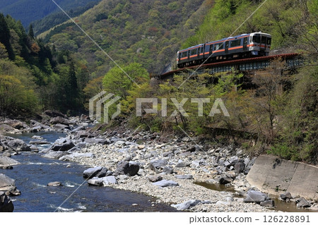 Kiha 25 local train running on the Takayama Main Line amid fresh greenery Kiha 25 local train running on the Takayama Main Line amid fresh greenery 126228891