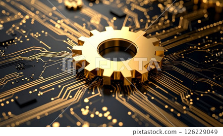Close-up view of gold and black circuit board with detailed gears. Close-up view of gold and black circuit board with detailed gears. 126229049