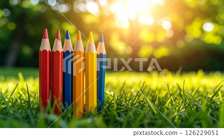 Close-up of colored pencils on grass background under sunlight. Close-up of colored pencils on grass background under sunlight. 126229051
