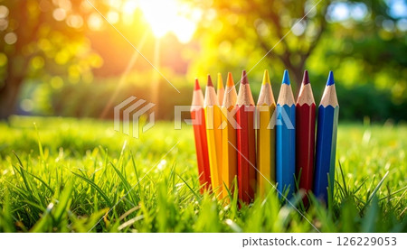 Close-up of colored pencils on grass background under sunlight. Close-up of colored pencils on grass background under sunlight. 126229053