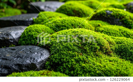 Vibrant Green Moss Growing on Dark Grey Stone in a Japanese Garden 126229064