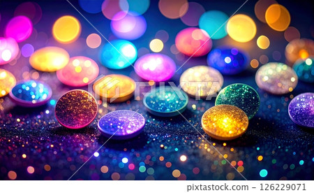 Multicolored shiny circles on a dark matte surface. Multicolored shiny circles on a dark matte surface. 126229071