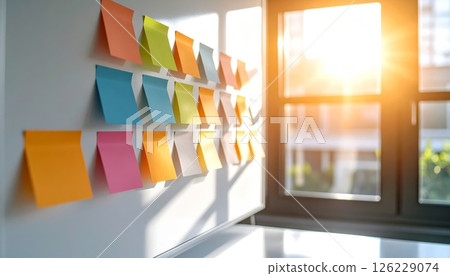 Colorful sticky notes on whiteboard in office under sunlight Colorful sticky notes on whiteboard in office under sunlight 126229074