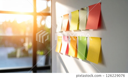 Colorful sticky notes on whiteboard in office under sunlight Colorful sticky notes on whiteboard in office under sunlight 126229076