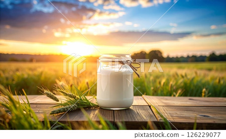 Milk in glass bottle on wooden table at sunset Milk in glass bottle on wooden table at sunset 126229077