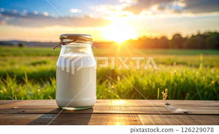 Milk in glass bottle on wooden table at sunset Milk in glass bottle on wooden table at sunset 126229078
