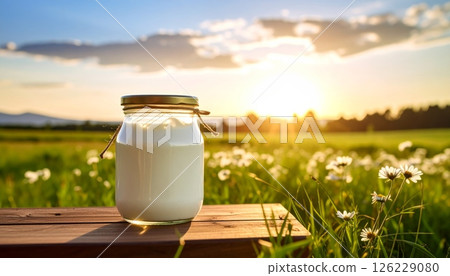 Milk in glass bottle on wooden table at sunset Milk in glass bottle on wooden table at sunset 126229080