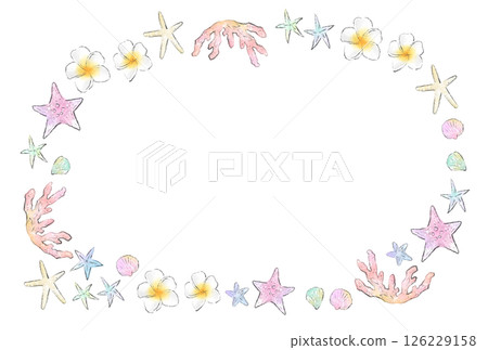 帶有珊瑚、海星、貝殼和雞蛋花的熱帶水彩畫框 126229158