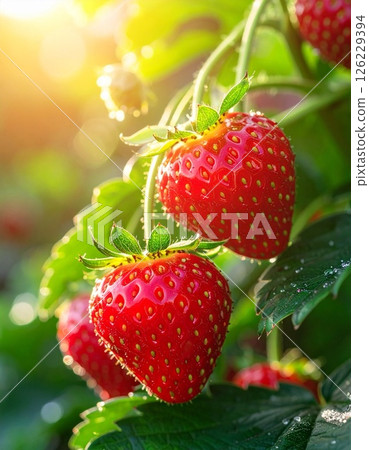 A close-up of fresh strawberries ripening in the sunlight 126229394