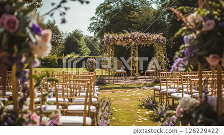 Aisle with wooden chairs and purple lavender floral decorations at an outdoor wedding ceremony in the garden 126229422
