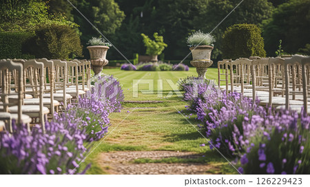 Aisle with wooden chairs and purple lavender floral decorations at an outdoor wedding ceremony in the garden 126229423