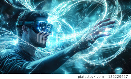 A man interacts with a neural network display and the glowing connections of AI. The concept of technology, and the fusion of human intellect with advanced machine learning. Generative AI. 126229427