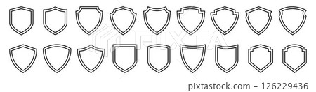 Set of blank shield outline icons. Collection of simple heraldic badge shapes, black linear emblems, frames or coat of arms templates for logo, label, or security symbol design. Editable Stroke Set of blank shield outline icons. Collection of simple heraldic badge shapes, black linear emblems, frames or coat of arms templates for logo, label, or security symbol design. Editable Stroke 126229436
