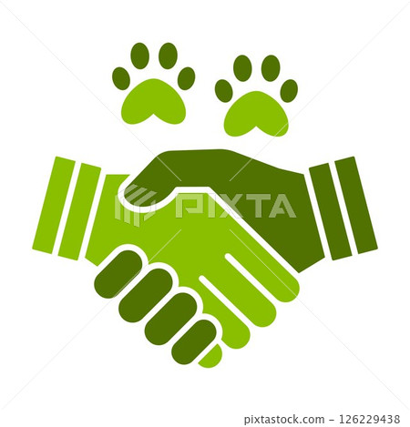 Handshake with animal paw prints. Symbol of partnership, pet care, rescue cooperation and human-animal friendship. Flat green vector icon, isolated illustration for veterinary support. Handshake with animal paw prints. Symbol of partnership, pet care, rescue cooperation and human-animal friendship. Flat green vector icon, isolated illustration for veterinary support. 126229438