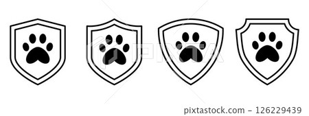 Black and white shield icons with paw print. Pet protection symbol set. Animal care logo template. Vector outline and filled style icons for veterinary, shelter, or animal rescue design. Black and white shield icons with paw print. Pet protection symbol set. Animal care logo template. Vector outline and filled style icons for veterinary, shelter, or animal rescue design. 126229439