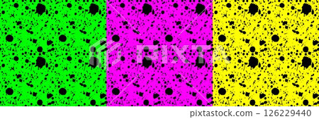 Ink splatter seamless pattern set on neon green, pink, and yellow backgrounds. Grunge texture design with black paint drops. Artistic backdrop for pop art, graffiti, and creative projects. 126229440
