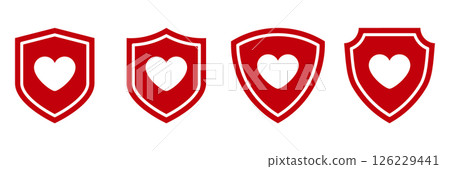 Heart shield icon set. Red security emblem with... - Stock Illustration ...