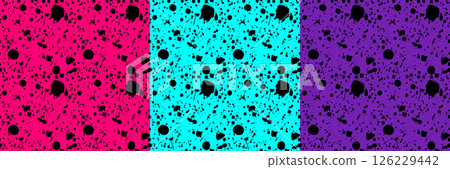 Ink splatter seamless pattern set on neon crimson, blue, purple backgrounds. Grunge texture design with black paint drops. Artistic backdrop for pop art, graffiti, and creative projects. Ink splatter seamless pattern set on neon crimson, blue, purple backgrounds. Grunge texture design with black paint drops. Artistic backdrop for pop art, graffiti, and creative projects. 126229442