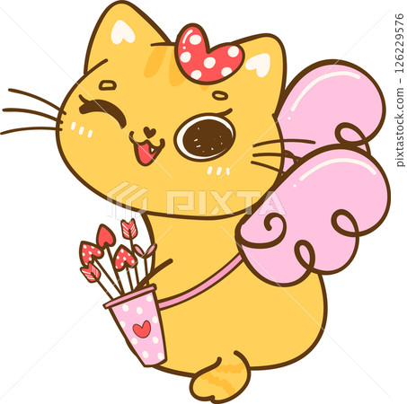 Cute Kawaii Valentine Orange Cat winking eye Cartoon Doodle hand Drawing 126229576