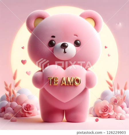 Cute pink bear holding a heart that says te amo. 126229903