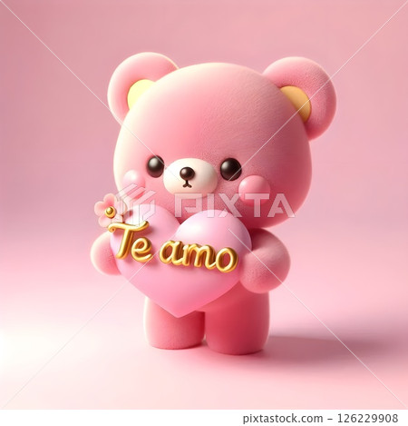 Cute pink bear holding a heart that says te amo. 126229908