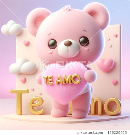 Cute pink bear holding a heart that says te amo. 126229913