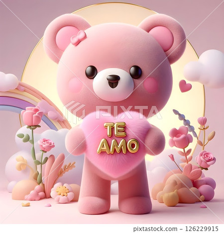 Cute pink bear holding a heart that says te amo. 126229915