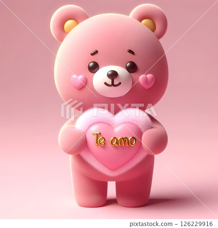 Cute pink bear holding a heart that says te amo. 126229916