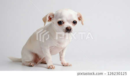 一隻可愛的白毛吉娃娃狗在簡單的背景下看著鏡頭，表情悲傷，焦慮不安 126230125