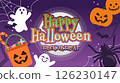Halloween banner or background with illustrations of jack o'lanterns, ghosts, bats and spiders floating in a spooky night sky 126230147