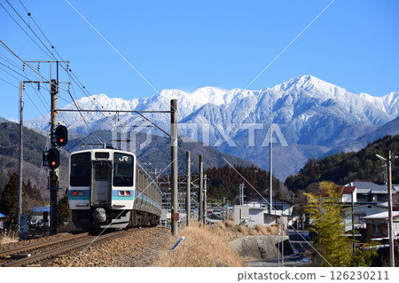 Snow-capped Kiso Mountains and the Chuo Line 211 Series Local Train 126230211