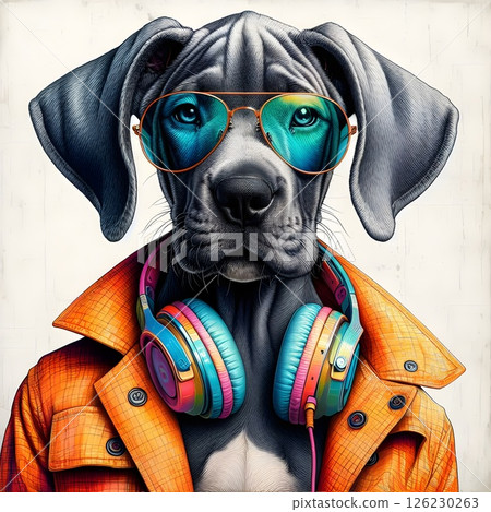 Charming Great Dane dog Wear brightly colored clothes. 126230263