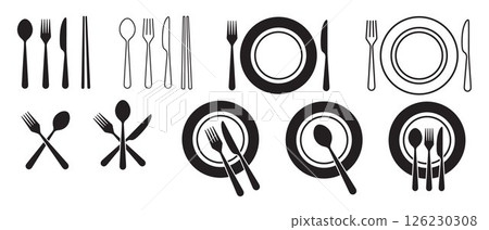 Fork, knife, spoon, chopsticks, plate icons, restaurant symbols, food app icon, tableware set, dinner service 126230308