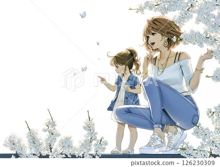 Illustration material of a child and mother walking in a spring park 126230309