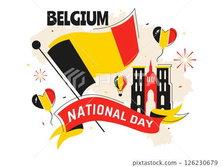 Happy Belgium Independence Day Vector Illustration on July 21, Featuring the National Celebration with a Waving Belgian Flag and Festive Ribbon 126230679