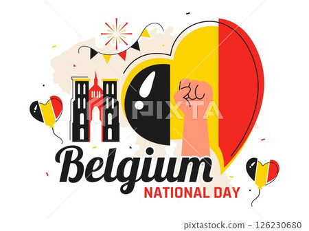 Happy Belgium Independence Day Vector Illustration on July 21, Featuring the National Celebration with a Waving Belgian Flag and Festive Ribbon 126230680