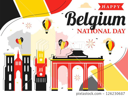 Happy Belgium Independence Day Vector Illustration on July 21, Featuring the National Celebration with a Waving Belgian Flag and Festive Ribbon Happy Belgium Independence Day Vector Illustration on July 21, Featuring the National Celebration with a Waving Belgian Flag and Festive Ribbon 126230687