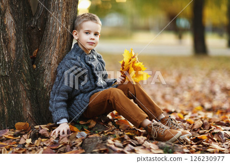 Little smiling caucasian boy is sitting at a tree holding maple leaves bouquet at autumn park background. Little smiling caucasian boy is sitting at a tree holding maple leaves bouquet at autumn park background. 126230977