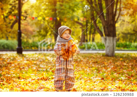 Happy child is holding heap of maple leaves at golden autumn park background. Happy child is holding heap of maple leaves at golden autumn park background. 126230988