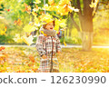 Happy child is throwing heap of maple leaves at golden autumn park background. 126230990