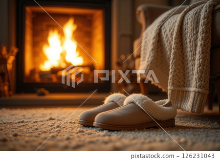 Cozy Scene with Slippers by a Warm Fireplace 126231043