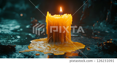 Melting candle with glowing flame in dark mysterious setting Melting candle with glowing flame in dark mysterious setting 126231091