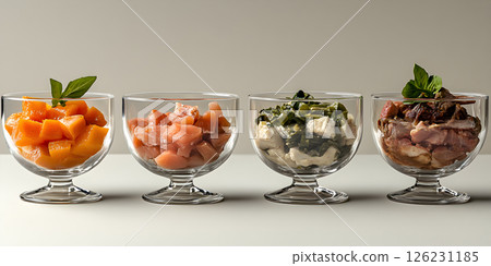 Assorted raw ingredients served in elegant glass cups 126231185
