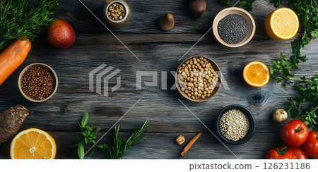 Healthy organic food ingredients on rustic wooden background 126231186