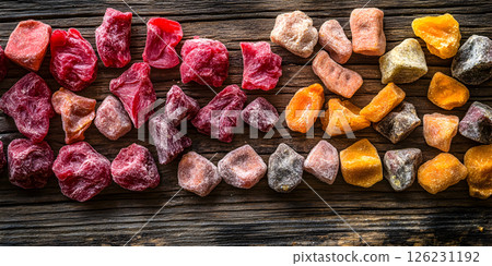 Colorful dried fruit candy assortment on wood 126231192