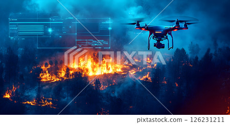 Drone monitoring wildfire with digital data overlay Drone monitoring wildfire with digital data overlay 126231211