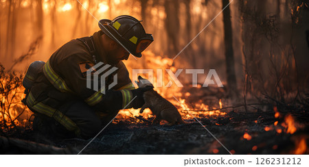 Firefighter rescuing baby fox from forest fire 126231212