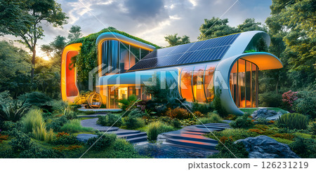 Futuristic eco house with solar panels in lush garden 126231219