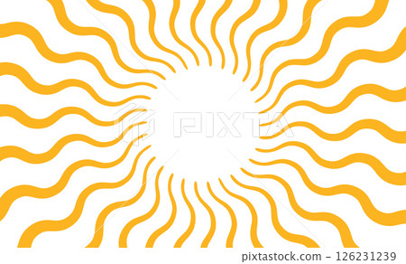 Yellow sun rays background. Wavy rays in groovy style. Abstract sun burst poster. Psychedelic texture. 70s, 80s design. Radial wave lines. Vector illustration isolated on white background 126231239